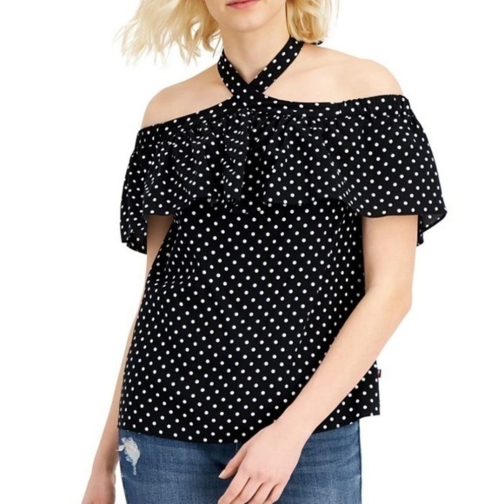 Tommy Hilfiger Black White Dot-Print Tie-Neck Halter Blouse Size Small NWT #6768